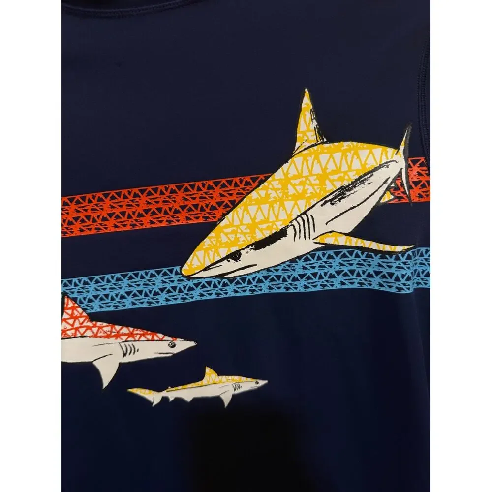 LANDS' END Boys Kids Sz LARGE L (14-16) Rash Guard Swim Shirt Top SHARKS